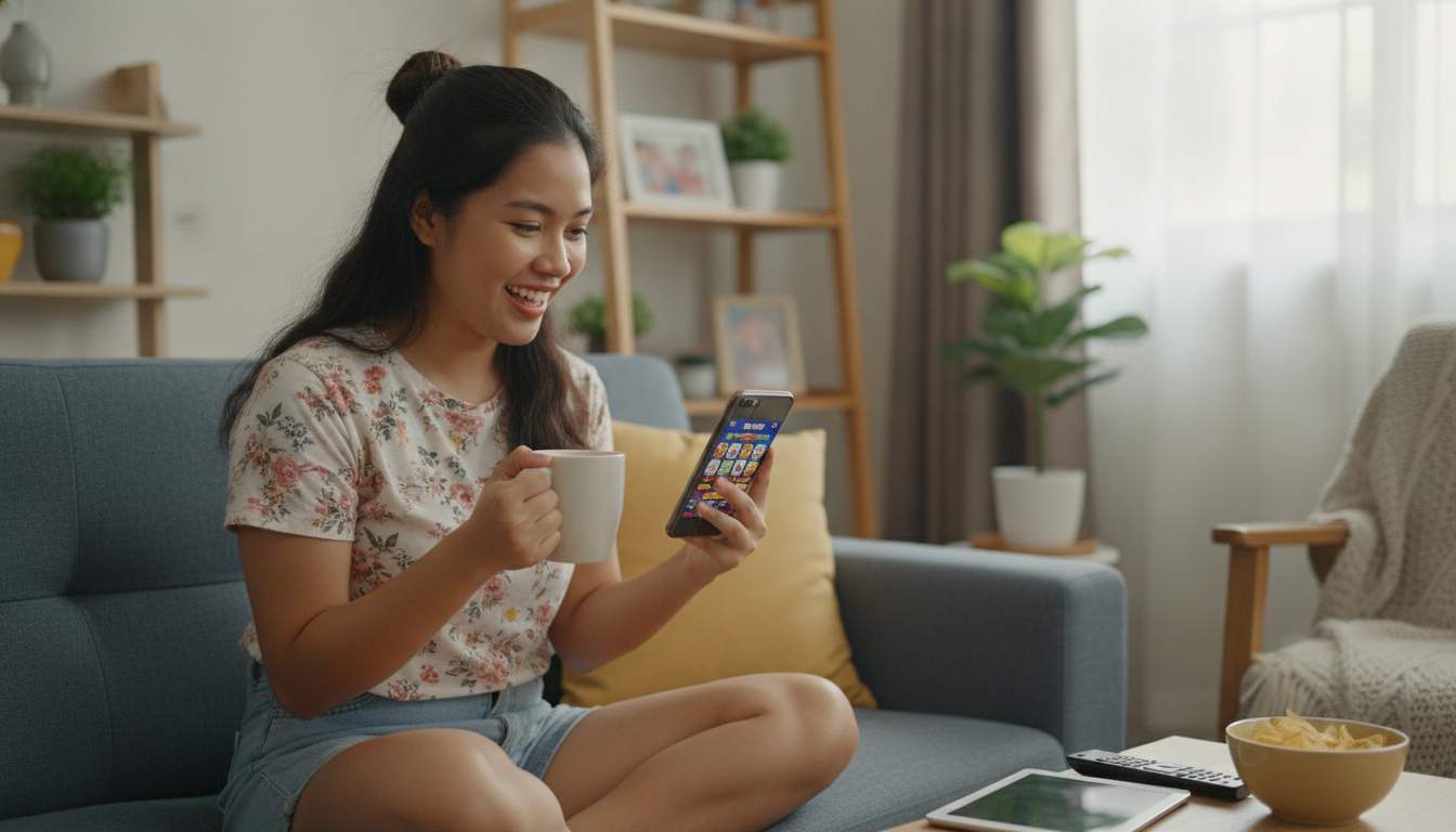 A woman enjoying online slots in the Philippines